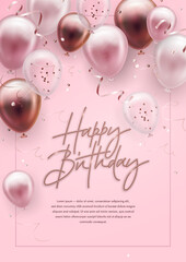 Vector birthday elegant greeting card or banner with golden, pink and white balloons and falling confetti. Vector illustration