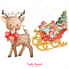 Cute Reindeer with  Santa Claus sleigh. Watercolor Christmas season illustration..