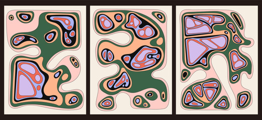 A set of three colorful aesthetic backgrounds. Minimalist social media posters, cover designs, web, home decor. Abstract vintage illustrations with shapes. Hand drawn.