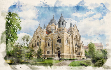 Fototapeta na wymiar Szeged synagogue in Szeged, Hungary in watercolor illustration style.