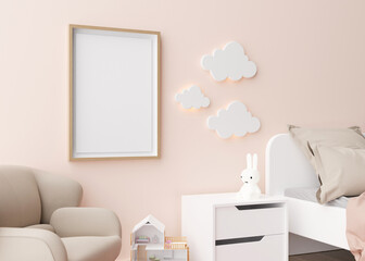 Empty vertical picture frame hanging on the wall in modern child room. Frame mock up in contemporary style. Free, copy space for picture, poster. Toys, bed, armchair. Close up view. 3D rendering.