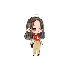 Cute girl illustration in red stylish outfit with ruffles, long hair, and long pants.