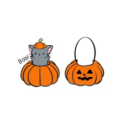 halloween pumpkin and cute grey kitten with hat