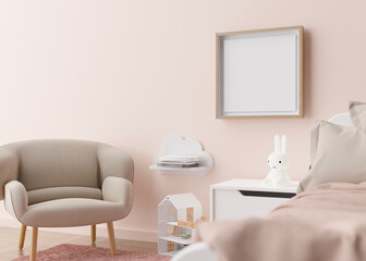 Empty square picture frame hanging on the wall in modern child room. Frame mock up in contemporary style. Free, copy space for picture, poster. Toys, bed, armchair. Close up view. 3D rendering.