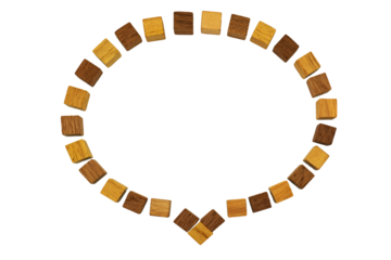 下から吹き出している黄色と赤の2色のウッドキューブを並べた会話の吹き出し	