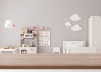 Empty wooden table top and blured kids room interior on the background. Copy space for your object, product presentation. 3D rendering.
