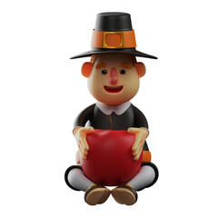  3D illustration. The Thanksgiving Pilgrim Man 3D image has delicious apples. sit on the floor casually. showing a cute smile. 3D Cartoon Character