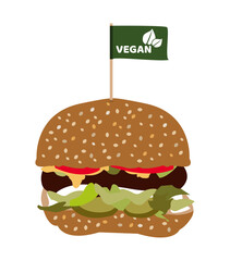 Vector illustration of raw vegan burger isolated on a white background. Meatless plant-based burger with a bun made from whole grain or gluten-free flour. Vegetarian or vegan fast food option.