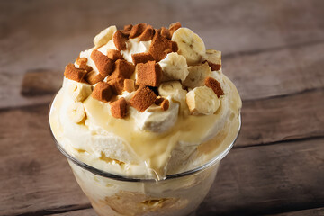 a picture of banana parfait, yummy food item, sweet and sugary