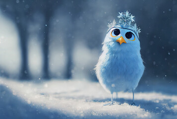 Happy Snow Bird. Adorable and Cute Animal Characters. Fantasy Backdrop Concept Art Realistic Illustration Video Game Background Digital Painting CG Artwork Scenery Artwork Serious Book Illustration

