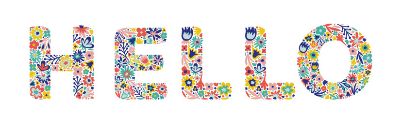 Hello lettering of flowers. Doodle style. Floral word. Vector