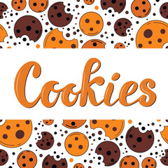 Cookies, caramel handwritten letters, digital vector illustration of lettering logo. Cookie pattern up and down. The illustration is for the cookie packaging boxes banner cards poster. Dessert. Sweets