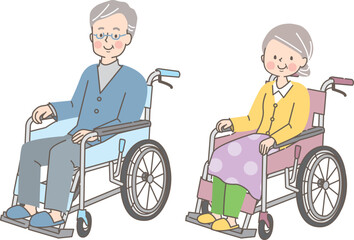車椅子の男女のシニア達　笑顔