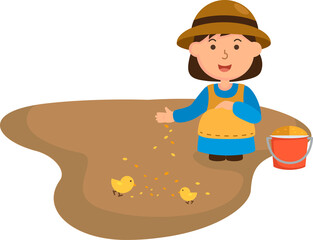 kid girl feeding chicks