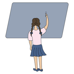 The schoolgirl writes on the blackboard with chalk. Color vector illustration. Brunette girl with pigtails view from the back. School theme. Cartoon style. Isolated background. 