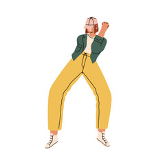 Young modern girl dancing. Cool movements to trendy music. Happy fashion woman in motion, wearing cap, sneakers, clothes in street style. Flat graphic vector illustration isolated on white background