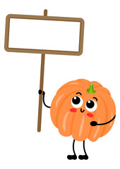 Funny orange pumpkin mascot holding a blank signboard
