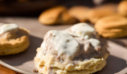 biscuits and gravy, breakfast food item, a yummy and savory meal