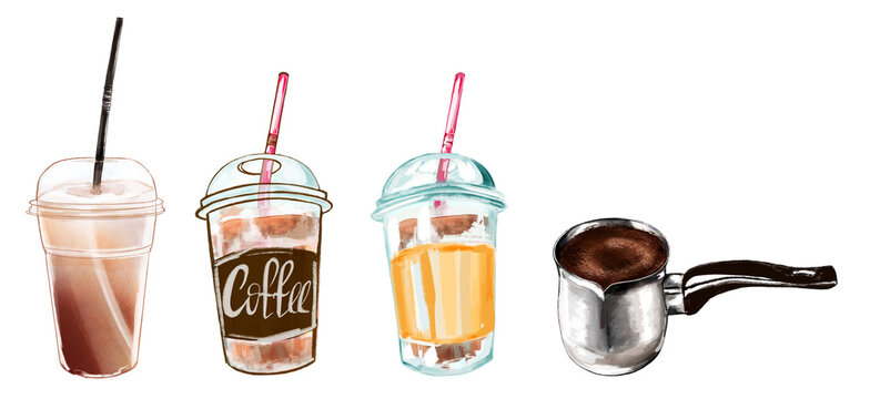 Cold coffee and cezve coffee. Hand drawn illlustraton.