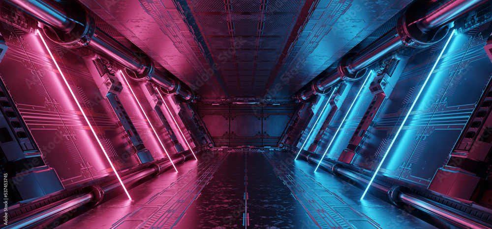 Poster blue and pink spaceship interior with neon lights on panel walls. futuristic corridor in space stati