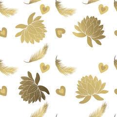 Seamless pattern golden lotus and palm leaves on a light background. Design for fabrics, wallpaper, wrapping paper.