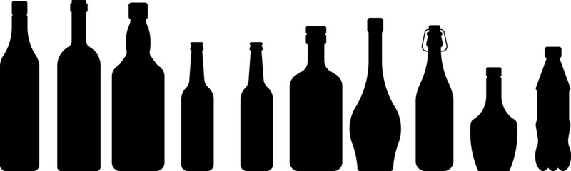Set of bottles with alcohol. Black silhouette of a vessel for various types of drinks. Wine, beer, rum, whiskey, liquor, cognac. Black illustration on white background. - obrazy, fototapety, plakaty