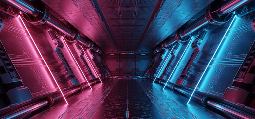 Blue and pink spaceship interior with neon lights on panel walls. Futuristic corridor in space station background. 3d rendering - 537453745