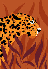 Leopard head poster. Silhouette of wild cat among tropical bush and leaves. Side view. Modern contemporary style. Vivid panther on orange backdrop. Modern illustration for cover, poster.