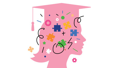 Education concept and graduate mental health. Female student with colorful elements inside his head. Vibrant puzzle, gears, scribbles. Modern abstract illustration for cover, poster, banner.