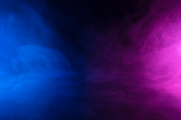 Clouds on smoke in neon light on dark empty scene