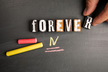 Forever and never concept. Text on a chalk board