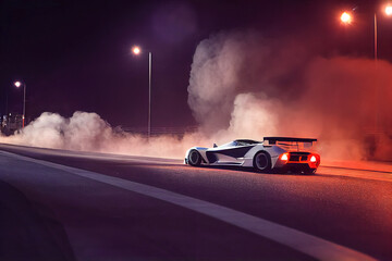 Fototapeta na wymiar Sport car drifting with lots of smoke from burning tires on speed track at night, mixed digital illustration and matte painting