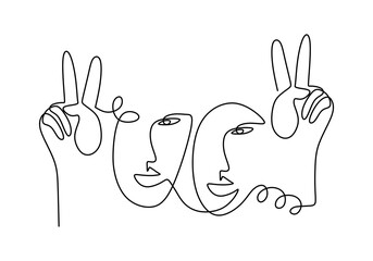 One continuous single line of couple hand peace isolated on white background.
