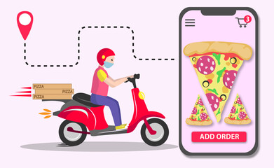Fast pizza delivery with a man on scooter. Vector Illustartion