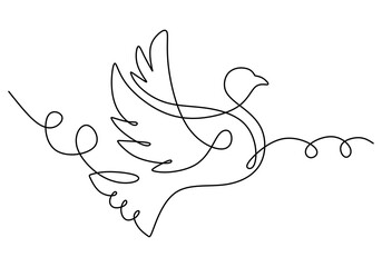 Naklejka premium Pigeon symbol of peace. One continuous single line of bird isolated on white background. Dove flying birds vector illustration minimalist.