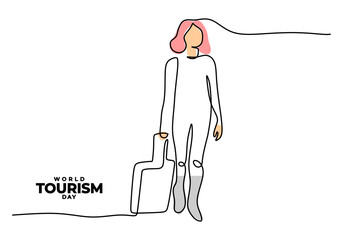 One continuous single line of world tourism day with girl vacation.
