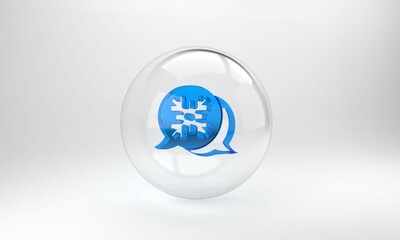 Blue Snowflake with speech bubble icon isolated on grey background. Merry Christmas and Happy New Year. Glass circle button. 3D render illustration