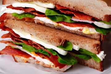 blt sandwich; a tasty breakfast, lunch, or snack; with meat and vegetables