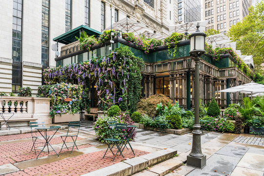 A restaurant in Bryant Park, public park between the Fifth and Sixth Avenue, beside New York Public Library, venue for events, midtown Manhattan, New York City, USA