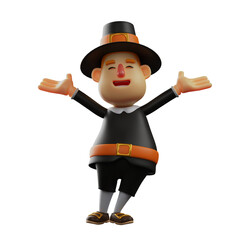 Obraz premium 3D illustration. Thanksgiving Pilgrim Man 3D Cartoon showing happy face. with both arms wide open. showing a happy laugh. 3D Cartoon Character