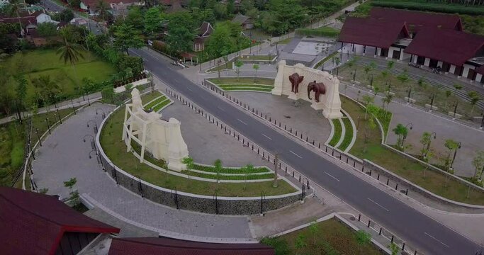Drones shot of KEMBANG LIMUS GATE As access to Borobudur temple with low traffic condition, it located in Magelang, Central Java, Indonesia