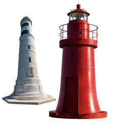 Two old lighthouses isolated on transparent or white background, photography, png.