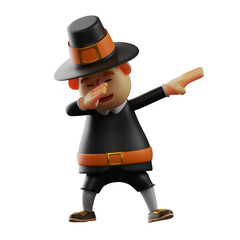 Obraz premium 3D illustration. 3D Thanksgiving Pilgrim character cartoon with dab pose. with head down. wearing cool clothes. 3D Cartoon Character