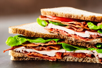blt sandwich; a tasty breakfast, lunch, or snack; with meat and vegetables