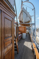 Luxurious wood paneled private steam yacht liner of historic millionaire in port Belle Epoque interiors