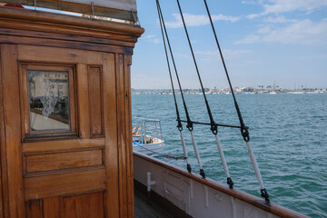 Luxurious wood paneled private steam yacht liner of historic millionaire in port Belle Epoque...