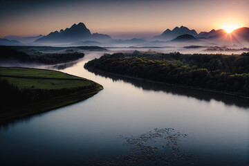 Fototapeta premium Aerial view of river with green forest with mountains in the background, early morning, dusk