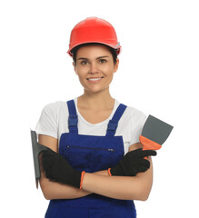 Professional worker with putty knives in hard hat on white background