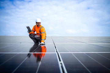 Engineer inspector holding digital tablet and working in solar panels power plant checking photovoltaic cells and electricity production.