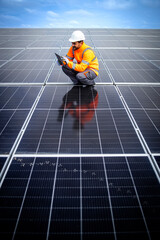 Worker checking installations of solar panels in sustainable energy power plant. © littlewolf1989